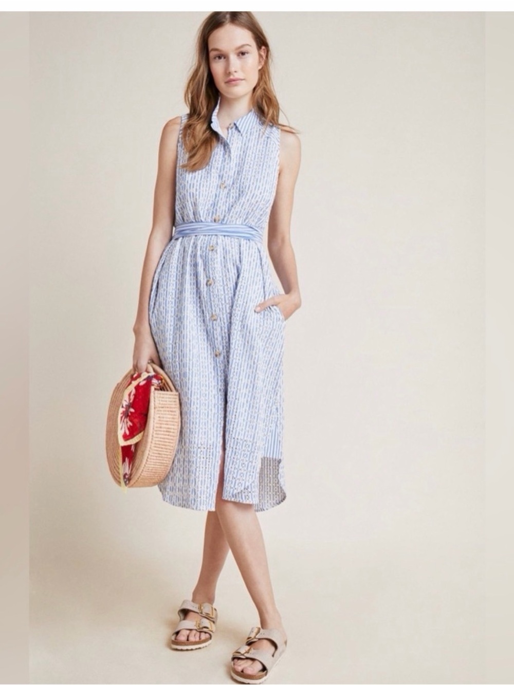 Anthropologie Kismet Eyelet Shirt Dress in Light Blue and White. Size 4.